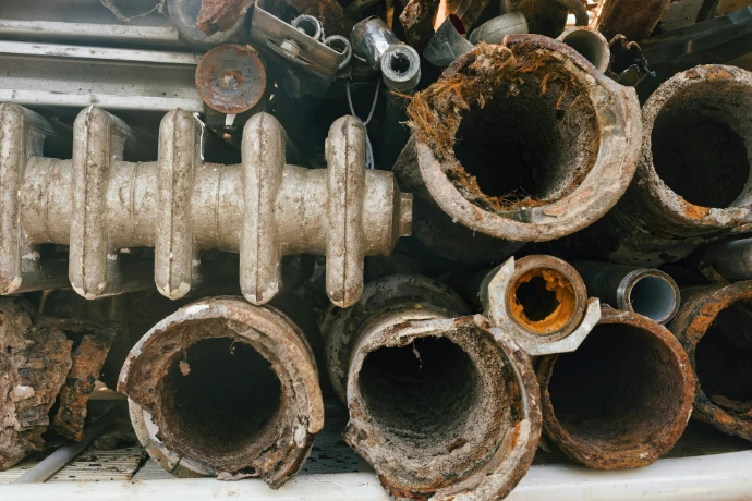 Corroded metal pipes and radiator sections piled together.